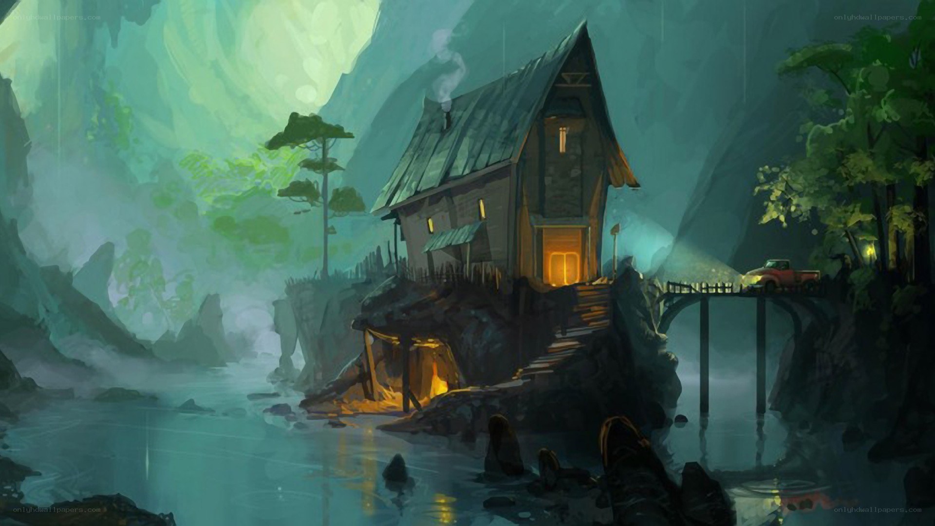 Cottage by the river at night