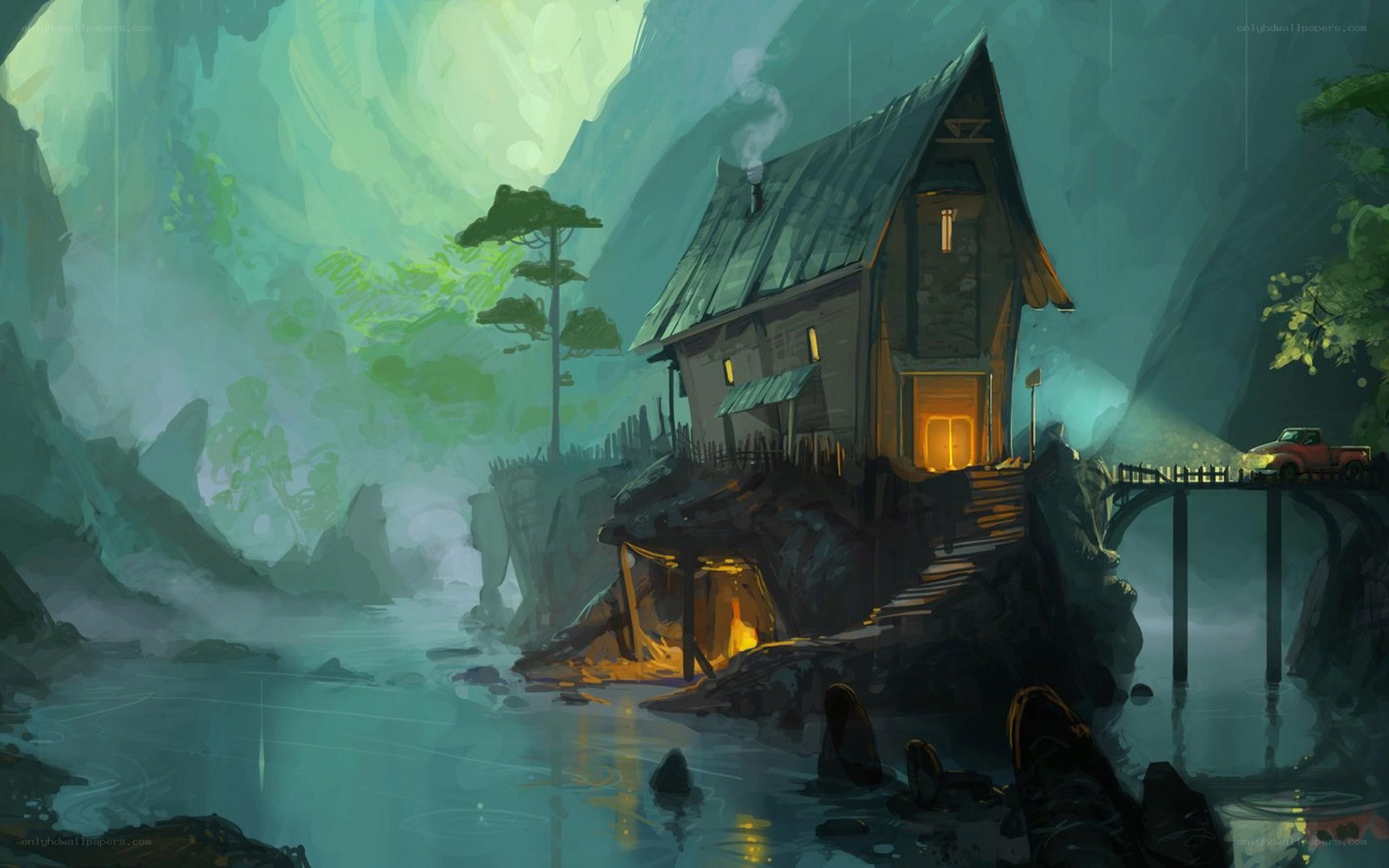 Cottage by the river at night