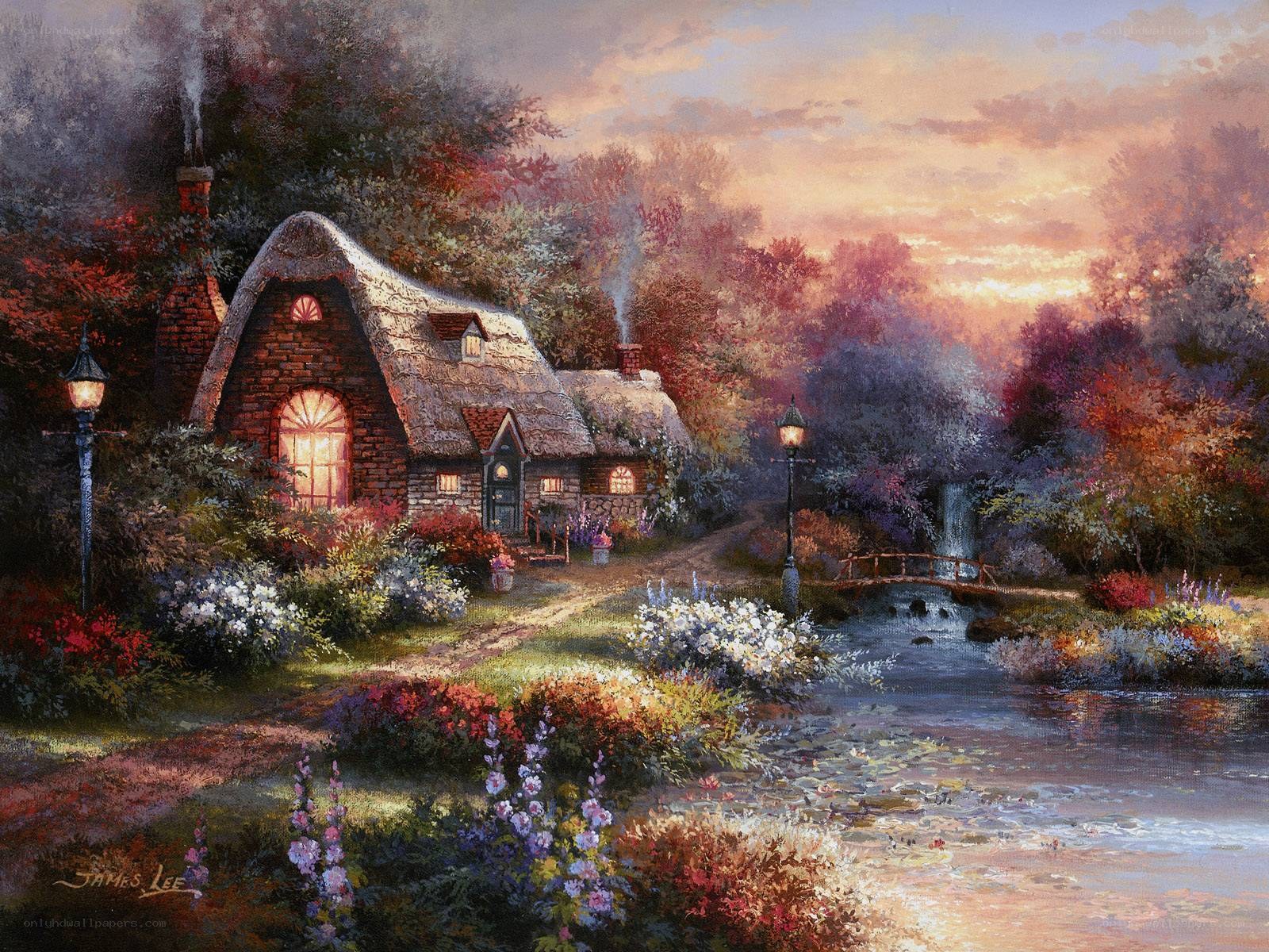 Cottage by the river at sunset