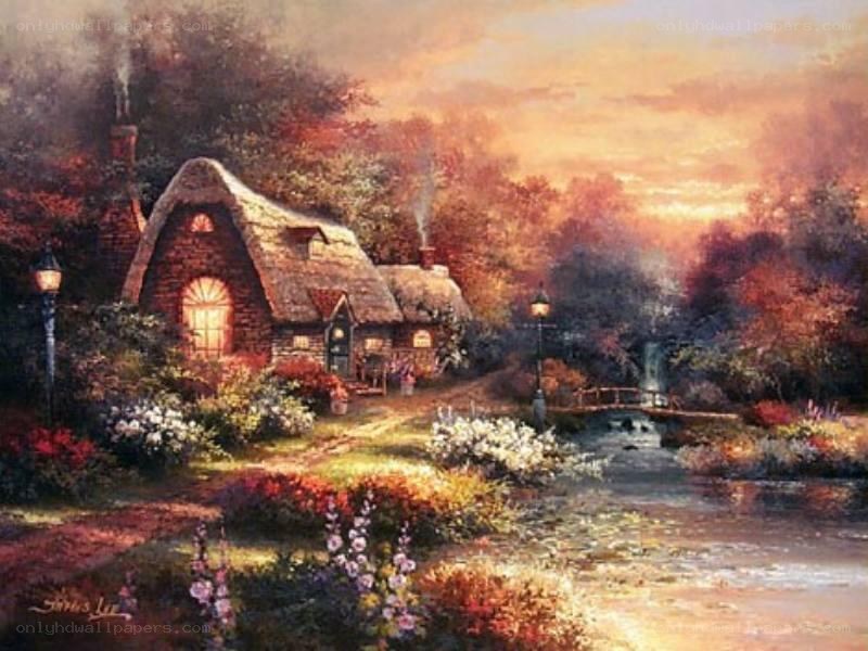 Cottage by the river at sunset