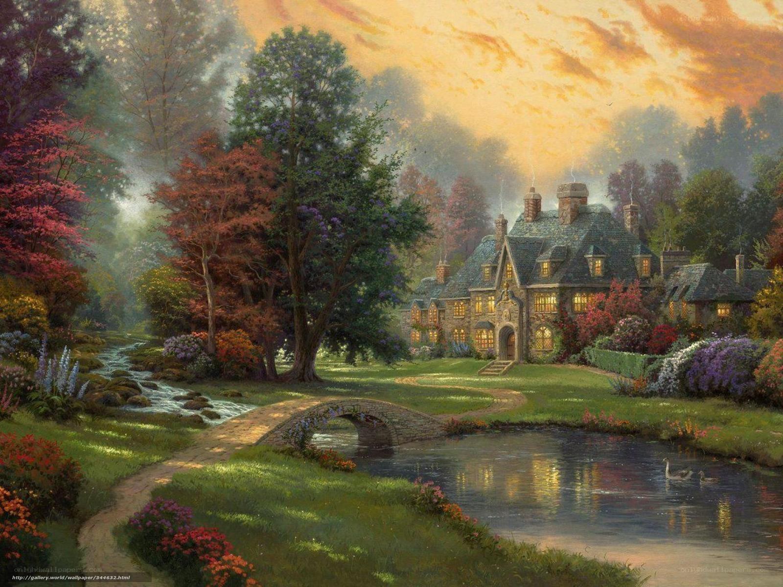 Cottage by the river at sunset