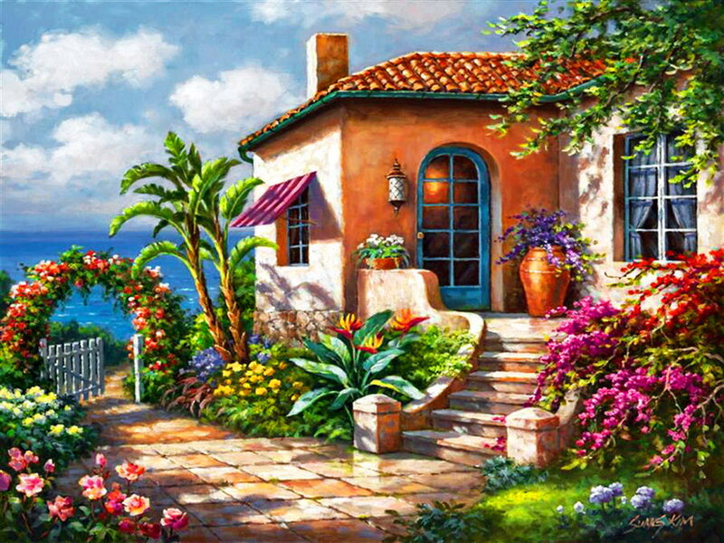 Cottage by the Sea — Blue, Serene, Afternoon, Painting