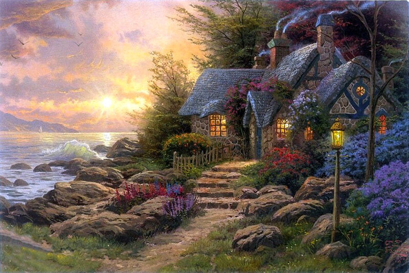 Cottage by the Sea — Blue, Serene, Sunset, Painting, House