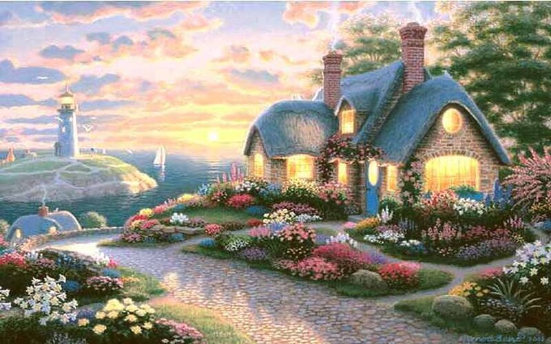 Cottage by the Sea — Blue, Serene, Sunset, Painting, Lighthouse