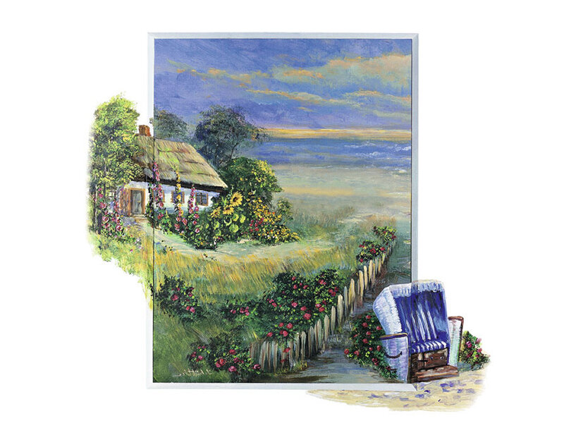 Cottage by the Sea — Blue, Serene, Sunset