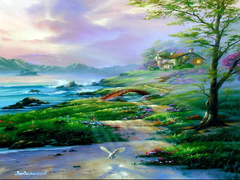 Cottage by the Sea — Green, Serene, Sunset