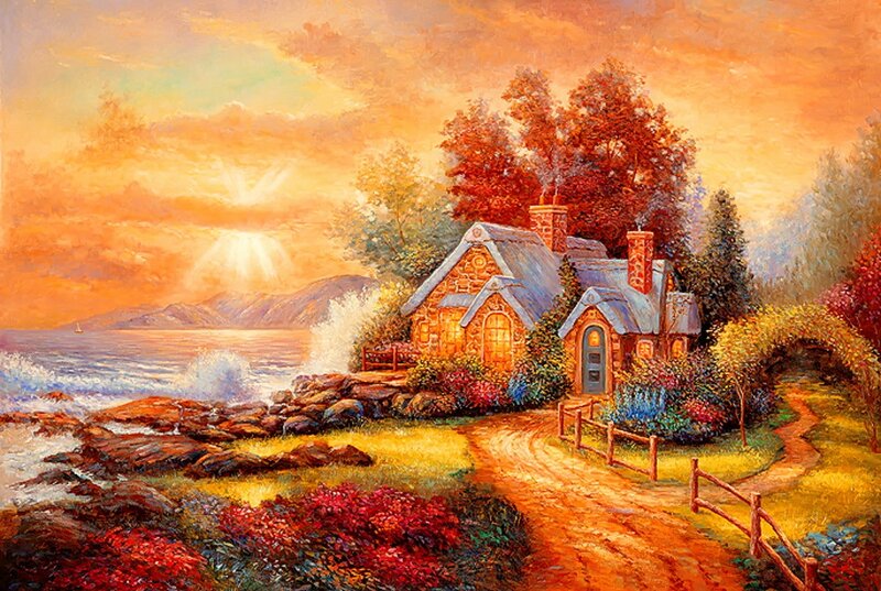 Cottage by the Sea — Orange, Serene, Sunset