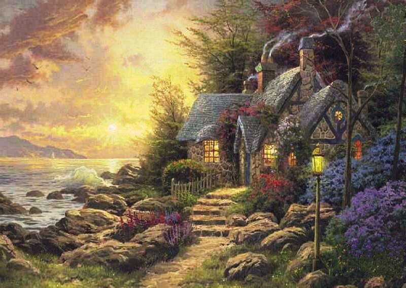 Cottage by the Sea — Yellow, Serene, Sunset