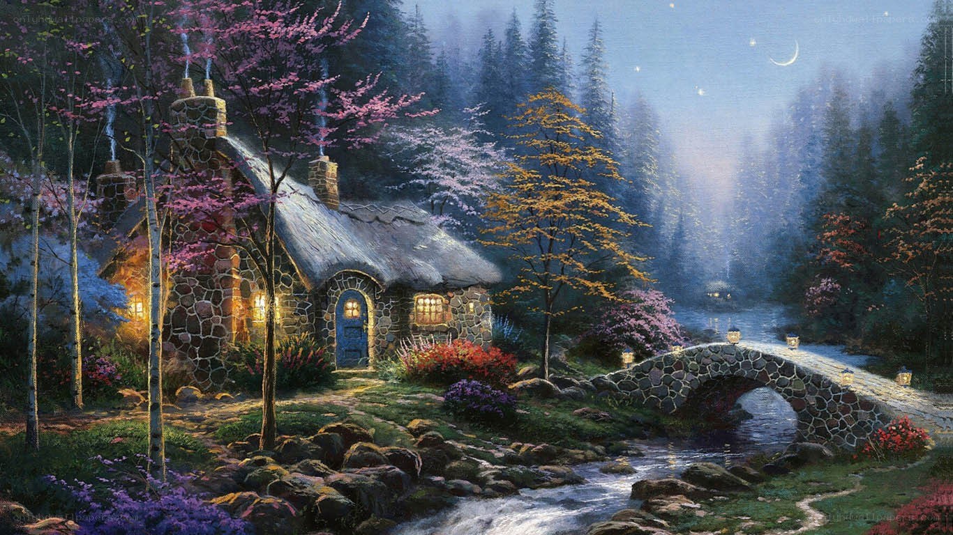 Cottage by the stream at night