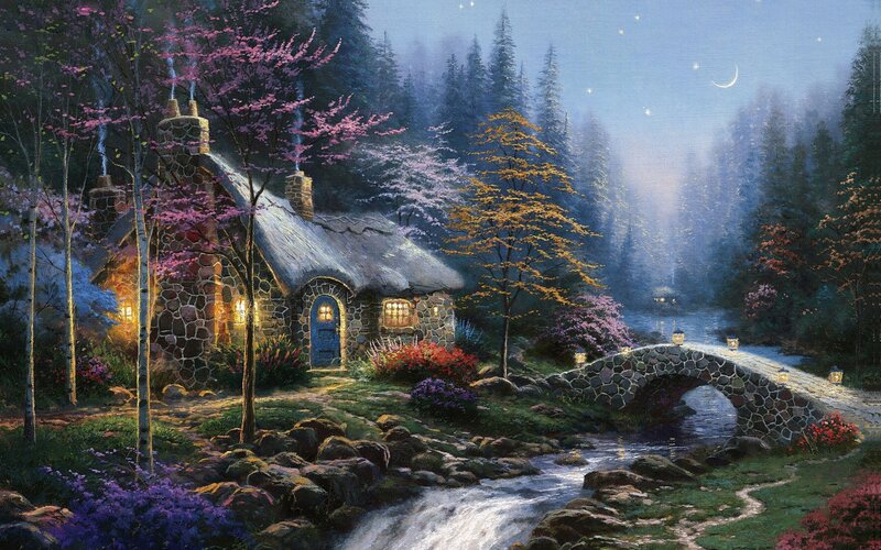 Cottage by the stream at night