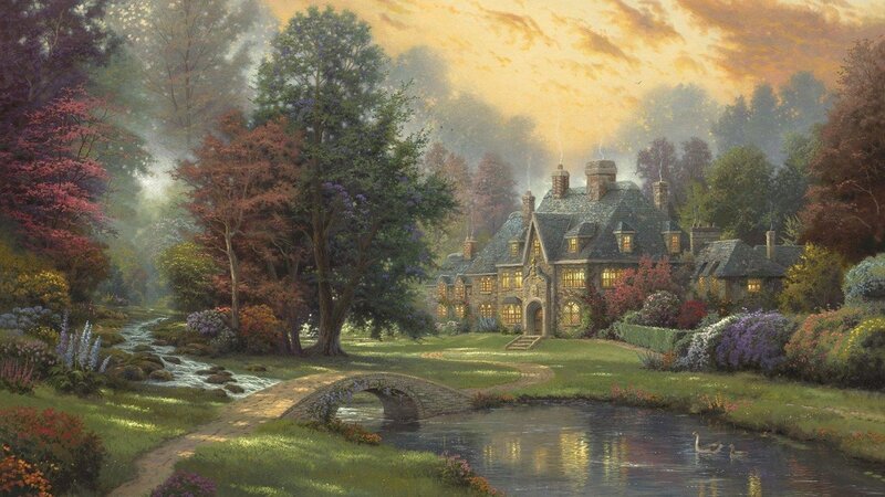 Cottage by the stream at sunset