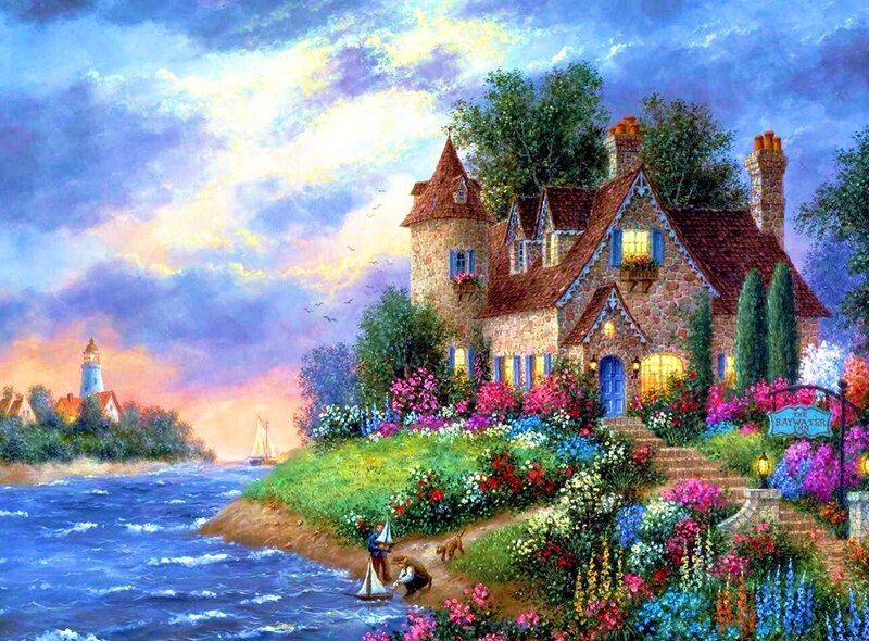 Cottage by the Water — Blue, Serene, Sunset