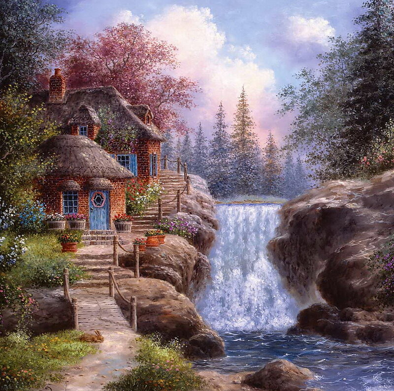 Cottage by Waterfall — Blue, Serene, Afternoon