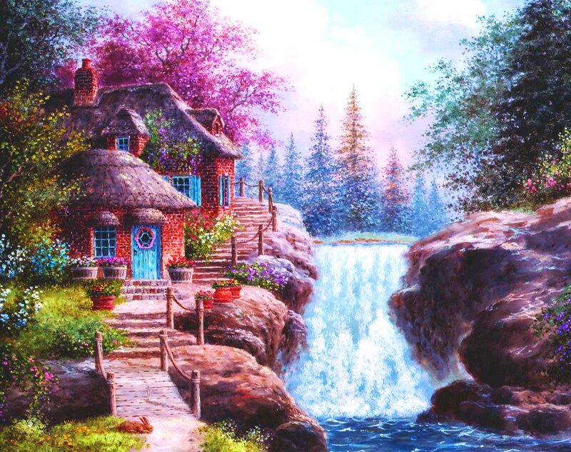 Cottage by Waterfall — Blue, Serene, Spring