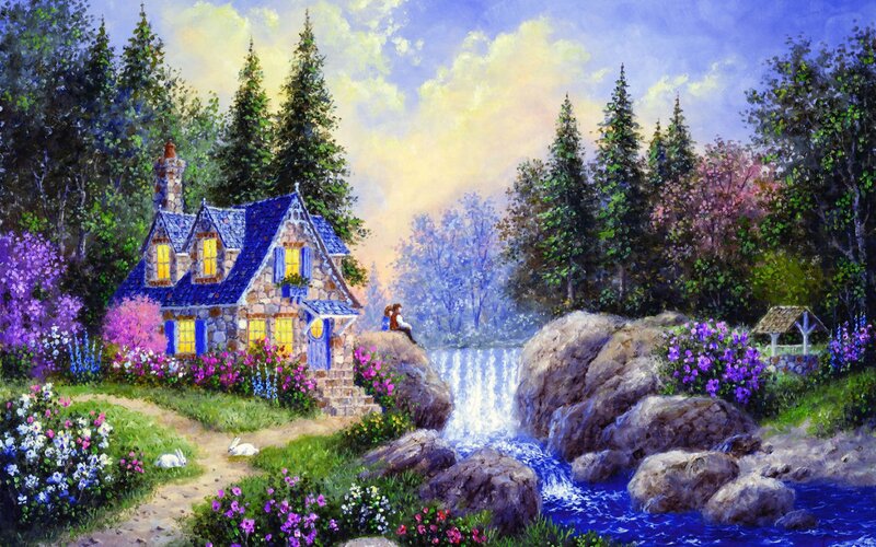 Cottage by Waterfall — Blue, Serene, Sunset