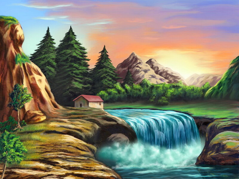 Cottage by Waterfall — Blue, Serene