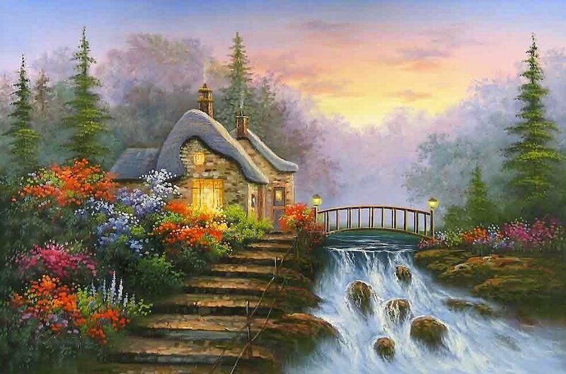 Cottage by Waterfall — Blue