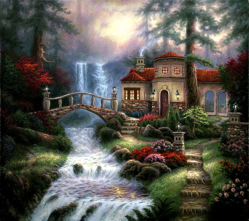 Cottage by Waterfall — Green, Serene, Afternoon