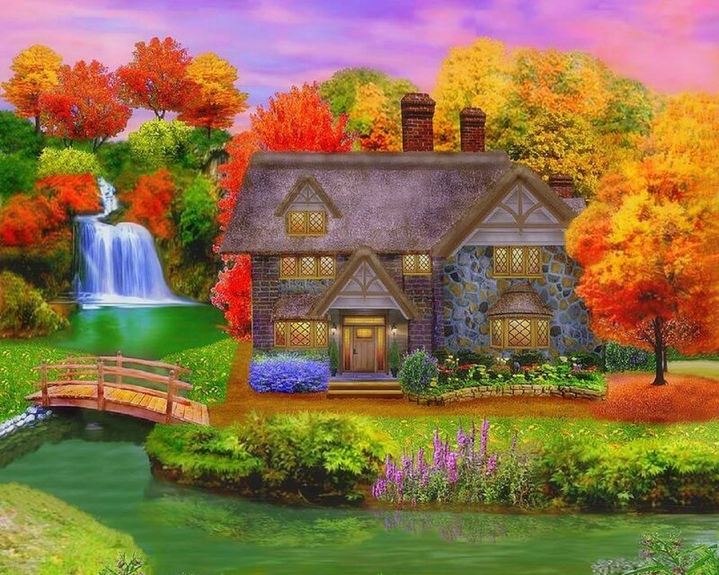 Cottage by Waterfall — Green, Serene, Autumn