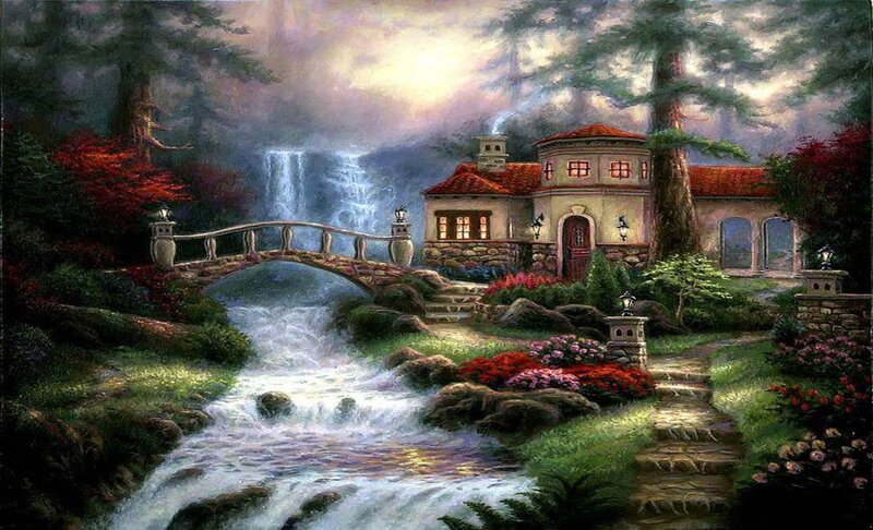 Cottage by Waterfall — Green, Serene, Morning, Painting, Bridge