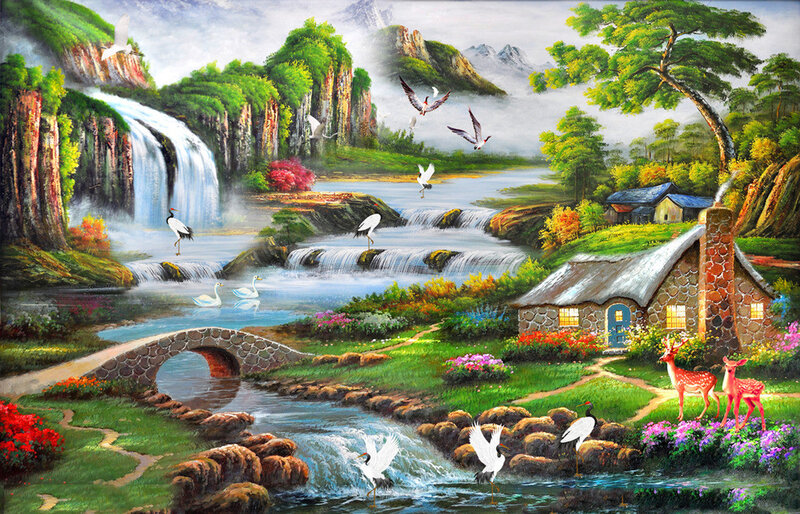 Cottage by Waterfall — Green, Serene, Morning, Painting, Deer