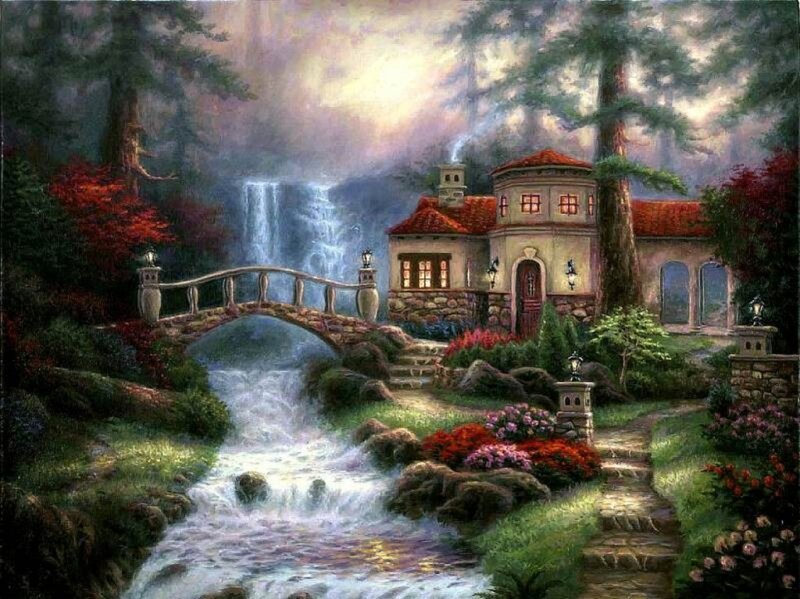 Cottage by Waterfall — Green, Serene, Morning, Painting