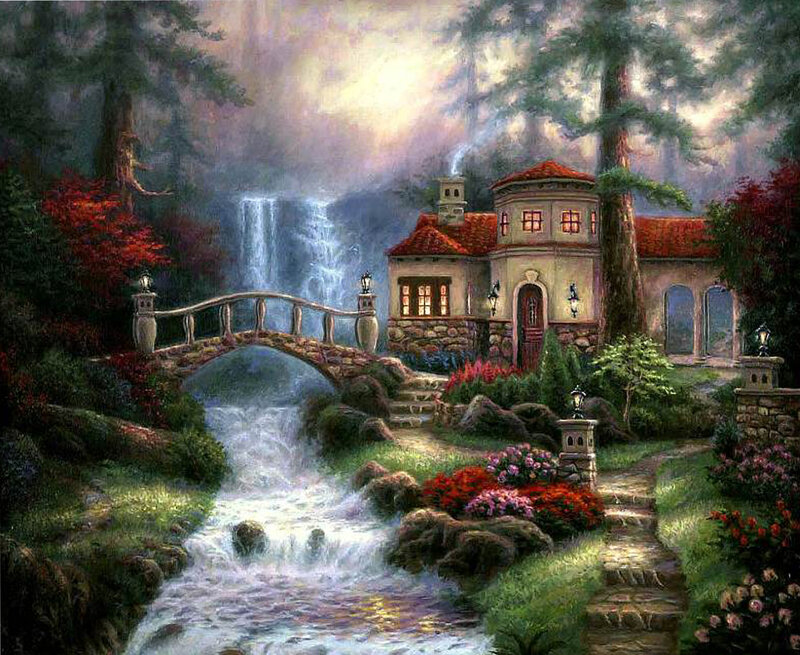 Cottage by Waterfall — Green, Serene, Morning