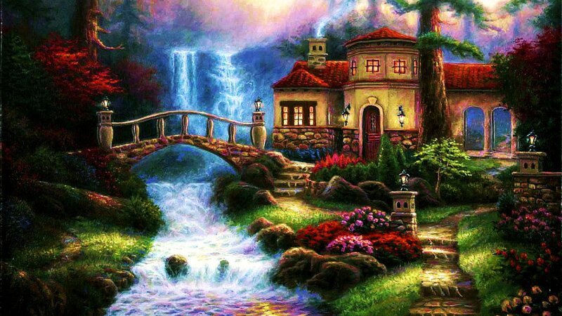 Cottage by Waterfall — Green, Serene, Night