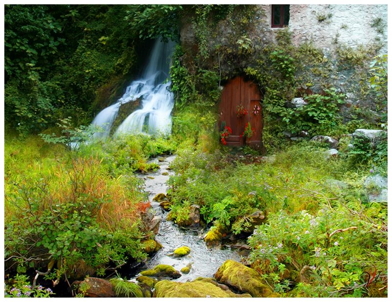 Cottage by Waterfall — Green, Serene, Spring