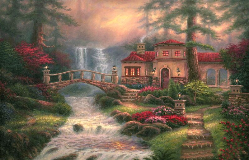 Cottage by Waterfall — Green, Serene, Sunset, Painting, Bridge