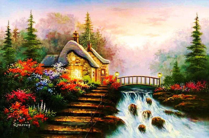 Cottage by Waterfall — Green, Serene, Sunset, Painting