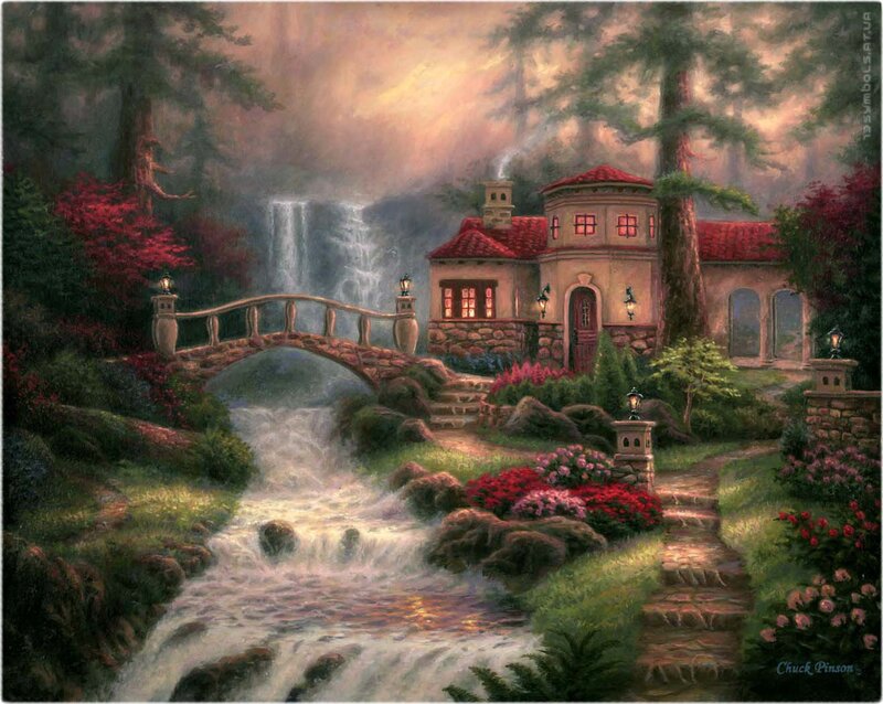 Cottage by Waterfall — Green, Serene, Sunset