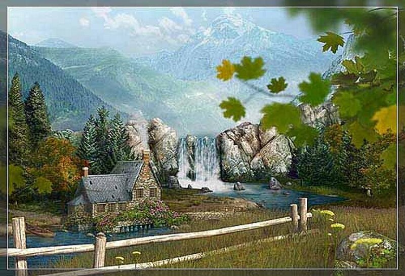 Cottage by Waterfall — Green, Serene