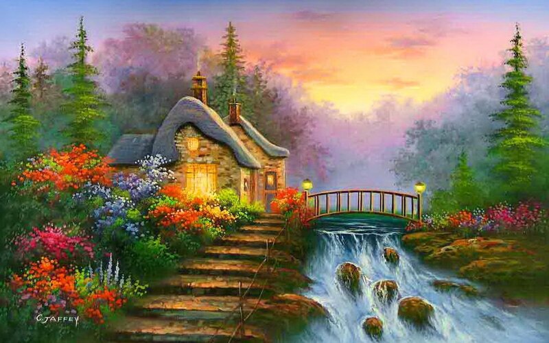 Cottage by Waterfall — Purple, Serene, Sunset