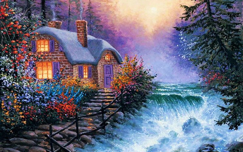 Cottage by Waterfall — Purple, Serene