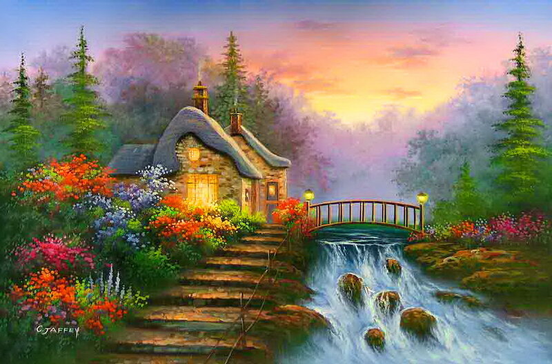 Cottage by Waterfall — Purple