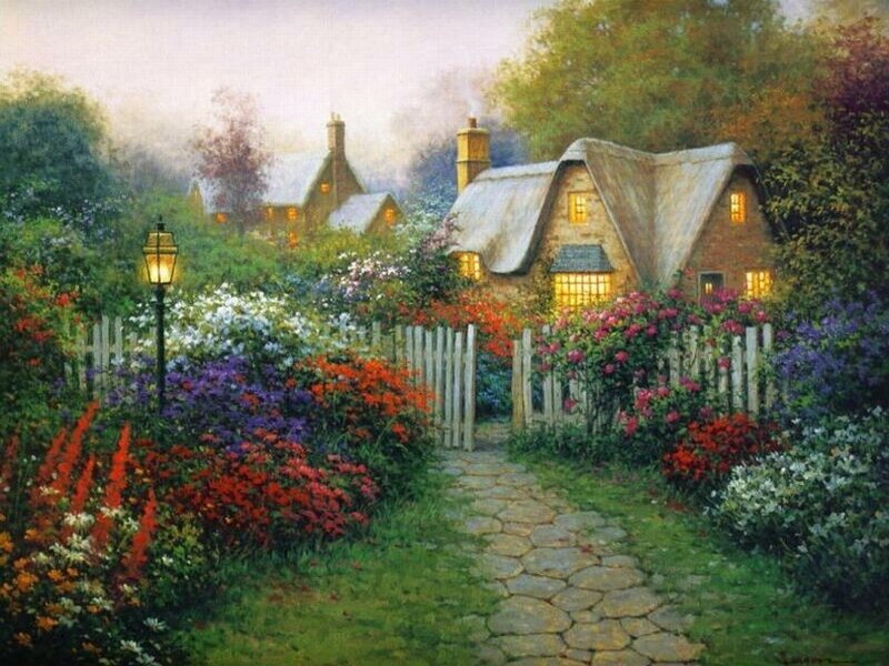 Cottage Garden at Dusk — Green, Serene, Night