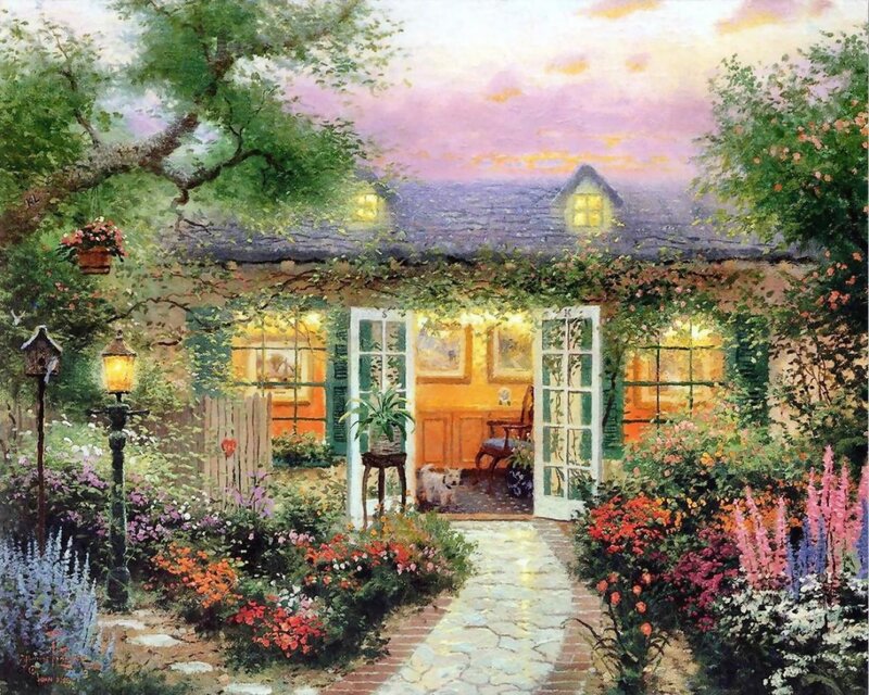 Cottage Garden at Dusk — Green, Serene, Sunset, Painting