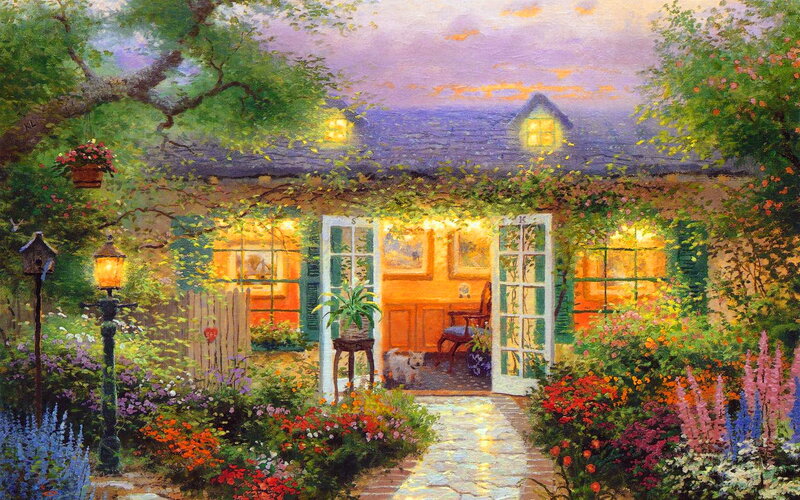 Cottage Garden at Dusk — Green, Serene, Sunset