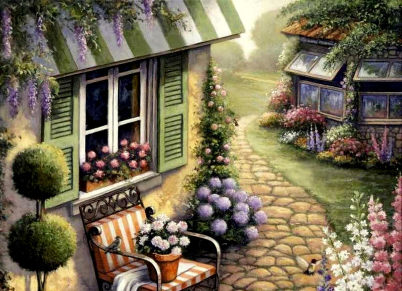 Cottage Garden Path — Green, Serene, Morning
