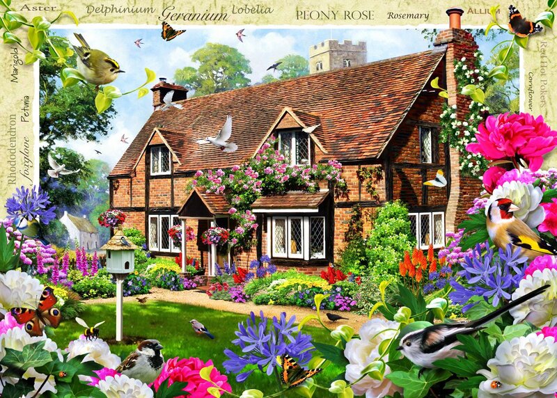 Cottage Garden Scene — Green, Serene, Afternoon, Illustration, Birds