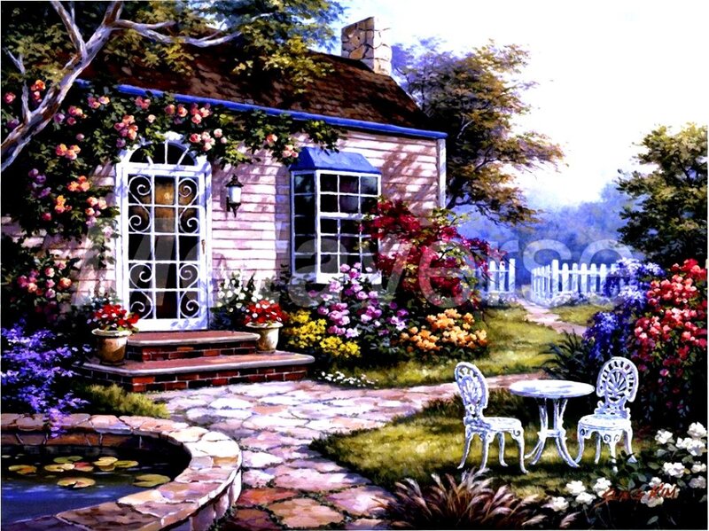 Cottage Garden Scene — Green, Serene, Afternoon, Painting, Flowers, Path