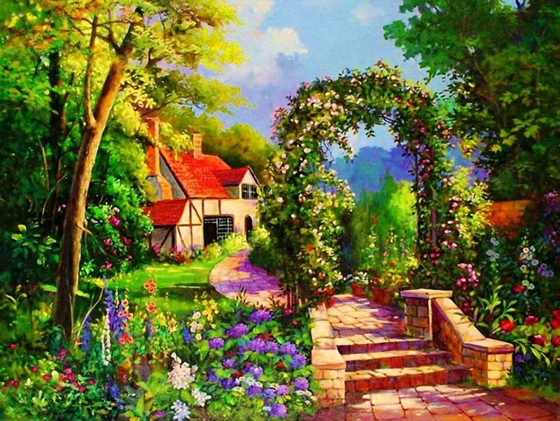 Cottage Garden Scene — Green, Serene, Afternoon, Painting, House, Path