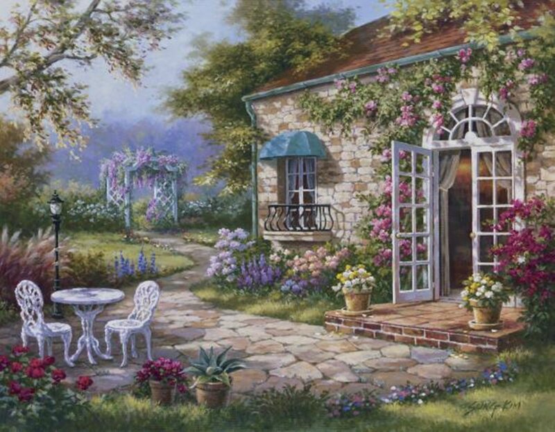 Cottage Garden Scene — Green, Serene, Afternoon, Painting, Stone Path