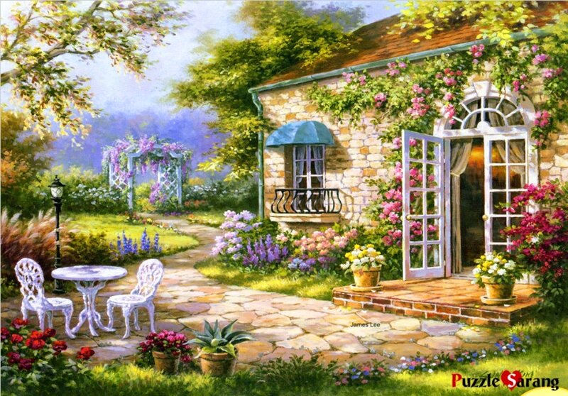 Cottage Garden Scene — Green, Serene, Afternoon, Painting