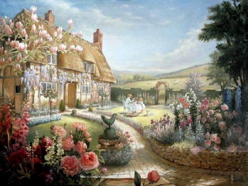 Cottage Garden Scene — Green, Serene, Afternoon