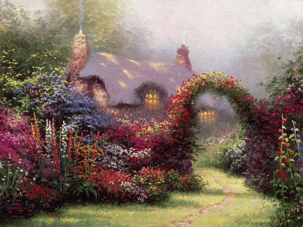 Cottage garden with flower arch