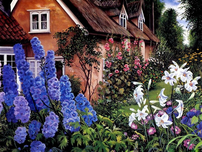 Cottage Garden with Flowers — Blue