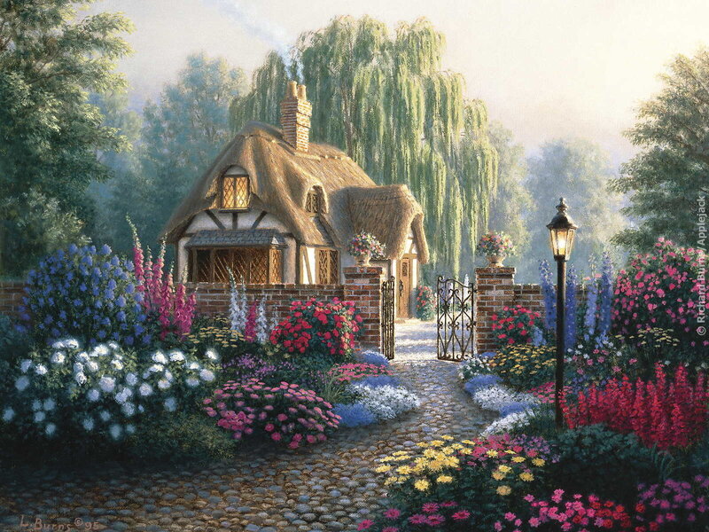 Cottage garden with thatched cottage