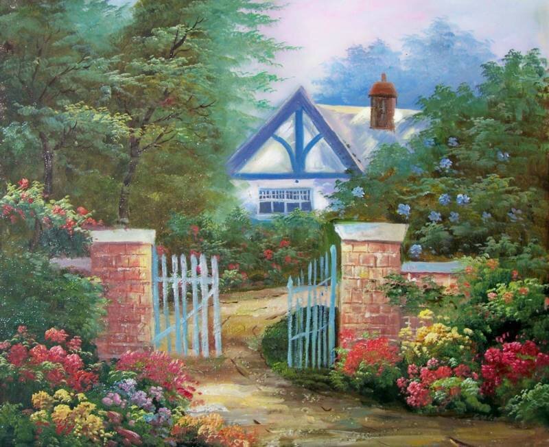 Cottage in a flower garden